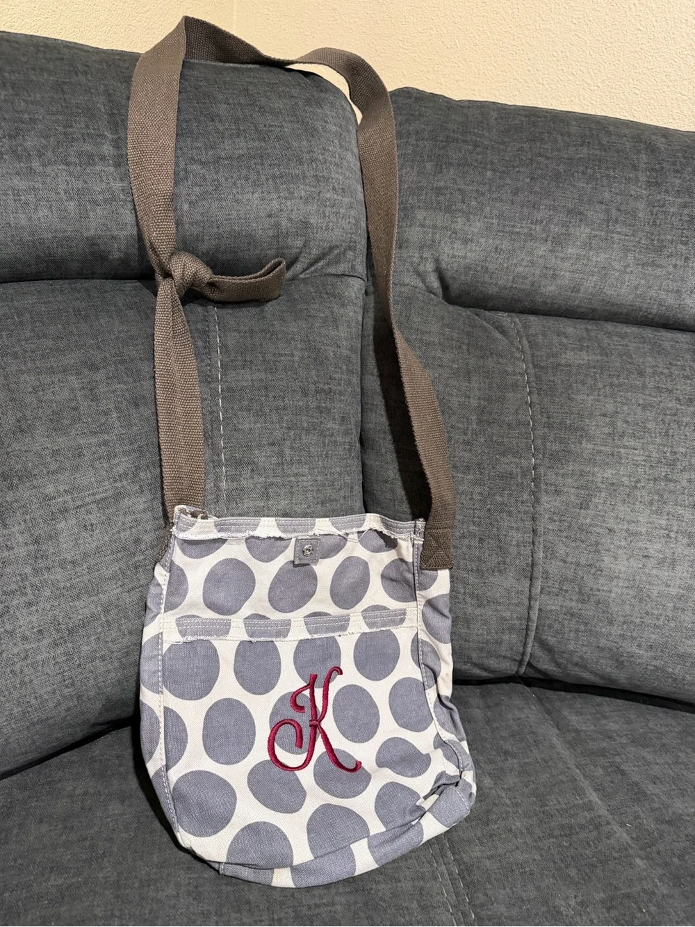 Gray Polka Dot Crossbody Bag with Red Monogram